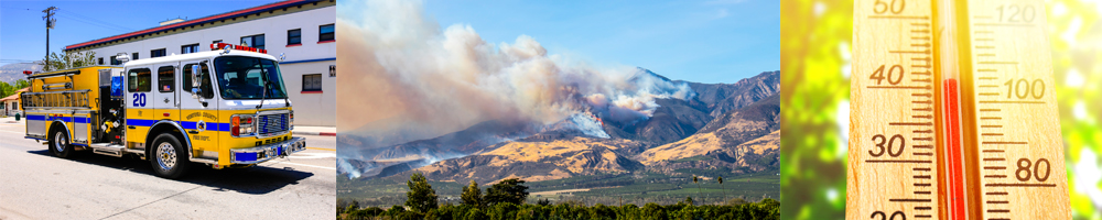 collage of photos, a fire truck, a mountain fire and a thermometer
